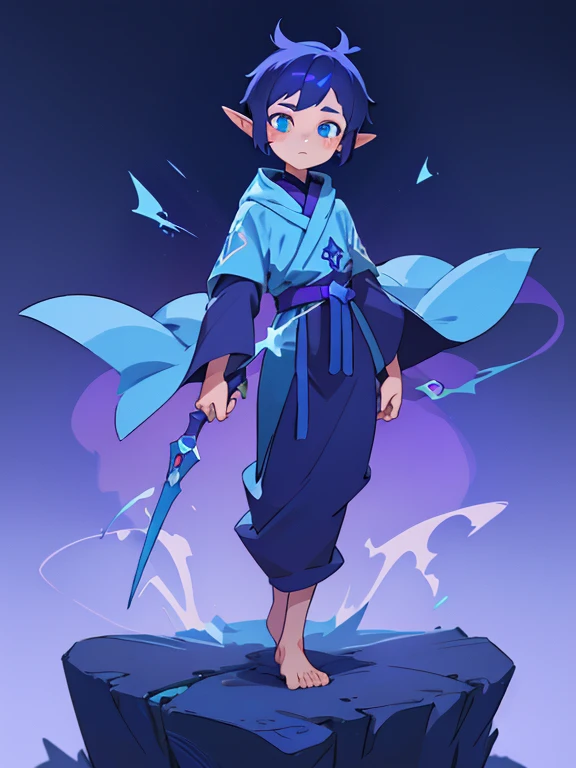 blue eyes、Blue-purple short hair、elf ears、Short boy、whole body、Purple and blue priest robes、Otherworld fantasy、solid color background