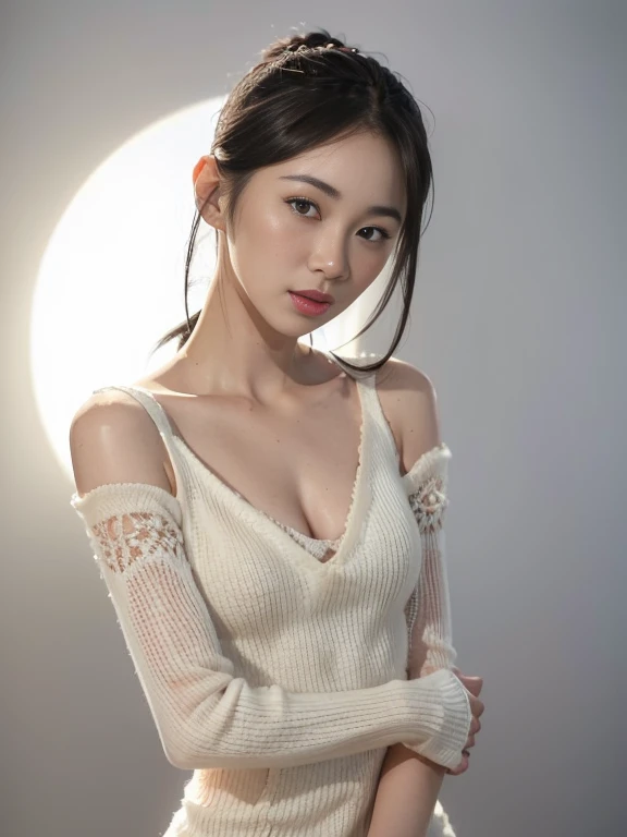 1 woman, Asian woman, white background, (Highly detailed body, very detailed face, top quality:1.4), (25 year old woman), looking at viewer, She has dimples on her face, I can't see her hands, (short layered hair:1.2), Her thighs are very beautiful, 8 thousand, (Cozy dangara V-neck knit dress:1.45), (Twisted dress:1.3), (skin glow:1.3), (small breasts:1.3), 