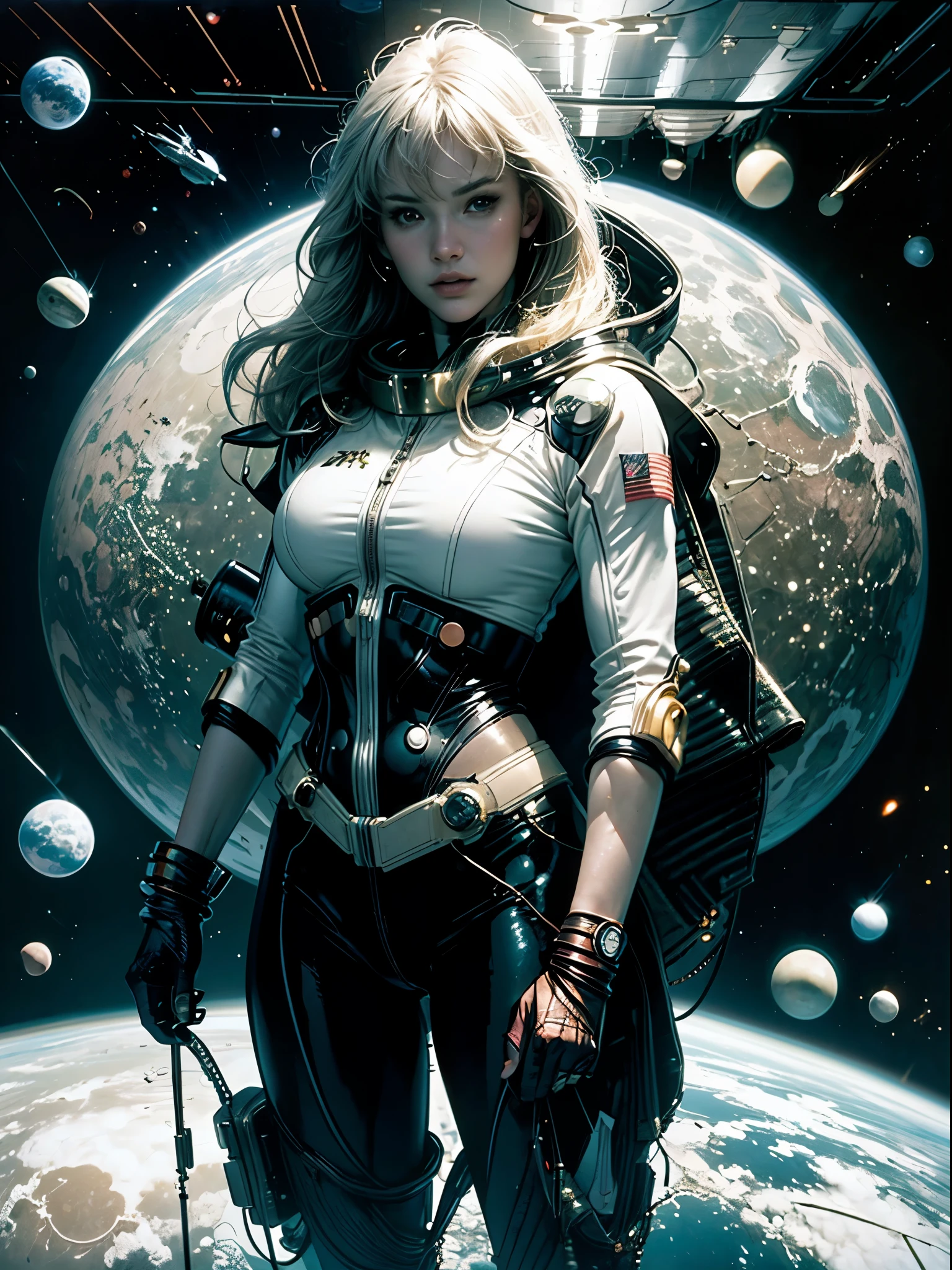 obra maestra，Alison Tyler con traje técnico blanco，pelo largo blanco，cordones，Fondo abstracto de ciencia ficción retro，Arte de Moebius，El arte de Ashley Wood，pose dinámica，Tierra errante，Cielo estrellado espacial
