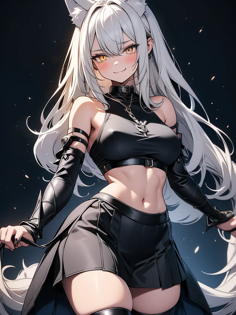 8K, Full body portrait, tall girl, single beautiful young woman, especially detailed face, masterpiece, wallpaper, highlydetailed face, ultra-detailed face, beautiful and aesthetic wolf tailed girl, athletic body, pale white skin, big breasts, curvy, busty, big ass, hourglass figure, long hair, gray-silver hair, a cute wolf young woman, wolf ears, long wolf tail, fluffy wolf tail, wolf-like irises, beautiful, enchanting, bright yellow eyes, detailed eyes, ultra-detailed eyes, accurate eyes, detailed irises, correct body proportions, elegant, small vertical scar under right eye, small rosy lips, big breasts, slender elegant arms, pretty hands, detailed hands, charming, slight blush, shy smile, black edgpshorts with stylish metal chains and a black top, detached sleeves, light black armor, armored long bike shorts and skirt on top of them, two piece outfit, black armored fur cloack, black metal armor, silver metallic ornaments, bare off shoulders, toned abs, exposed belly, standing pose, cute pose, black thighigh on left leg, slight shy grin, sole girl