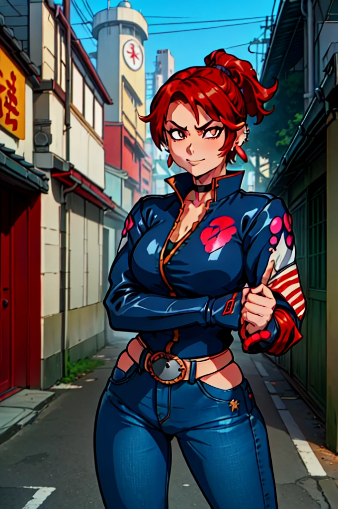 a Sukeban girl in the art style of persona5 and in the art style of street of rage 4, delinquent, (Sukeban), mature female, blush, mature, older woman, 26 years old, Sukeban teacher outfit, ((((1girl, solo female, solo, solo focus:1,9)))++++, choker, Sukeban teacher, Sukeban fighter, long sleeves, open jacket, blue jacket,( jeans)+++, light skin tone female, (full body)+++++, jacket, biker jacket, tape, arm support, gloves, red gloves, bridal gauntlets, nail polish, boots, black footwear, fighter outfit, (full body)+++++++, hourglass, mature face, cheeky smile, cheeky face, wrinkles, (((((red hair, short hair, earrings, ear piercings)))), red eye, fighting art, Martial arts, standing, fighting stance, fight, fighting), extra colors, 2D, megapixel, perfectionism, accent lighting, full HD , (Masterpiece:1.2), (full-body-shot:1),(cowboy shot:1.2), (Highly detailed:1.2),(anime Detailed Face:1.2), Colorful, A detailed eye, (Detailed landscape:1.2), (natural lighting:1.2), ((Sukeban school teacher)) by Vincent Di Fate: Aidyllery, Anamorphic Shot, rule of thirds, face by Artgerm and WLOP, ((street of rage 4 city backround)), fictive city backround in the style art of street of rage 4, gainax anime style, studio gainax art, studio gainax illustration, inspired by Masamune Shirow, studio gainax, by Masamune Shirow, beautiful charcter from evangelion, street of rage 4 art, street of rage 4 illustration,