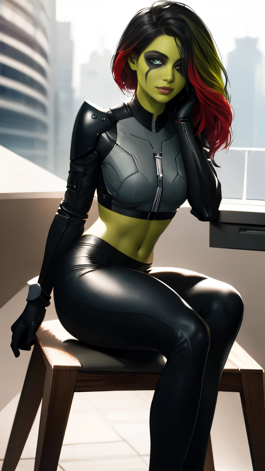 (Highly quality, masterpiece, detailed), science fiction city detailed scenario, science fiction detailed background, solo, 1woman, Gamora, green skin, multicolored hair, hair over one eye, black and white crop top 1.3, Abdomen, black and white leggings, armor, gloves, sleeves, perfect faces, sitting on a chair, light smile, beautiful eyes, look at the viewer, Sexy pose