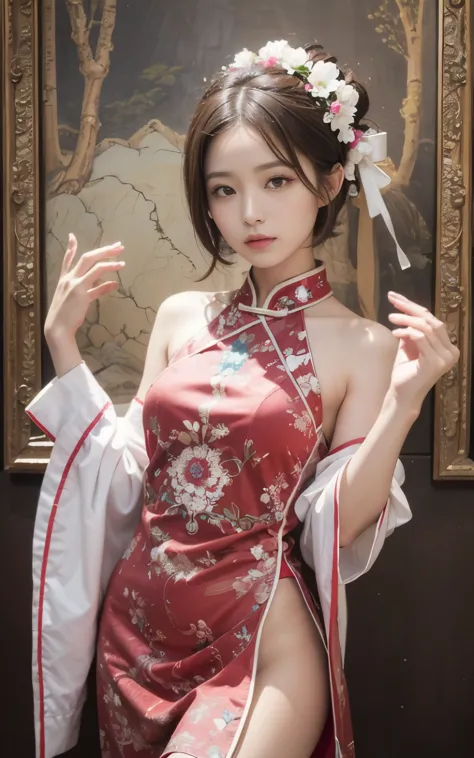 traditional chinese costume、china dress、
decorated with intricate details、complemented with brightly colored feathers and distin...