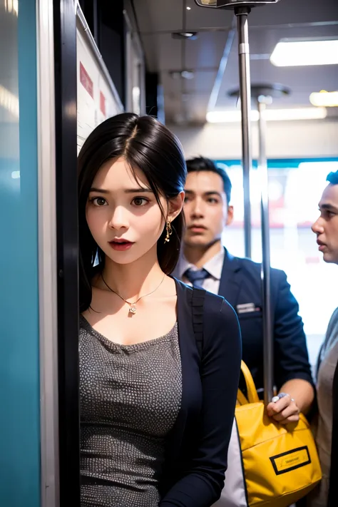 A woman stands in a crowded subway car with a distressed expression