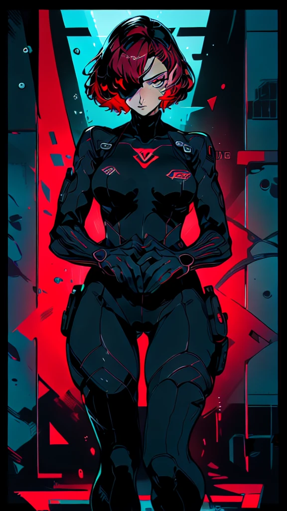 Cartoon photo of woman, Guyver style, SFW version, red eye, bellows tail, cel shade adult animation, serpentine pose,(indoor, masterpiece, best quality, masterpiece, best quality, finely detail, beautiful detailed eyes, ultra detailed, extremely beautiful CG, super detailed skin, best quality, intricate, {{high quality}}, extra colors, 2D, megapixel, perfectionism, accent lighting, full HD, 4K, 1girl, full body, 1girl, solo female, mature female, (((full body)))++, contrapposto, red hair, short hair, weird red hair, short red hair,(( red eyes, ((beautiful detailed eyes right and eye patch on left eyes)))++++, collarbone, best quality, beautifully detailed face, ray tracing, DOF,HDR, thigh-highs, fingerless gloves, skintight clothe, fully clothed, gloves, sneaking suit, tactical gear, tactical uniform, camouflage bodysuit, skintight bodysuit, sneaking suit, tactical gear, full clothed, gainax,
 break,
 indoors, dark science fiction laboratory concept art, concept art, 80' horror movie ambience, full_body_shot, determined_expression, holding_gun,
 dimly_lit, blue_theme, futuristic ceiling with cables, monochrome, mysterious, gauges, control_panels, sonar_equipment, metal_walls, cinematic light, break cinematic medium shot, the body of the character and on the same plane, the size of the character and the scale of the setting, character and in the middle of the corridor and the water reaches his knee, gloomy atmosphere, science fiction background,) 
(outside, deep under water base background, glowing, ((((3800 meters deep under water base)))++, official art, water infiltration, deep under water visible through long and small window, outdoor Pipeline under water see through window, science fiction laboratory, deep under water science fiction laboratory background, low water level on ground, oxygen_tank, coral_reef, aquatic_environment, ), 