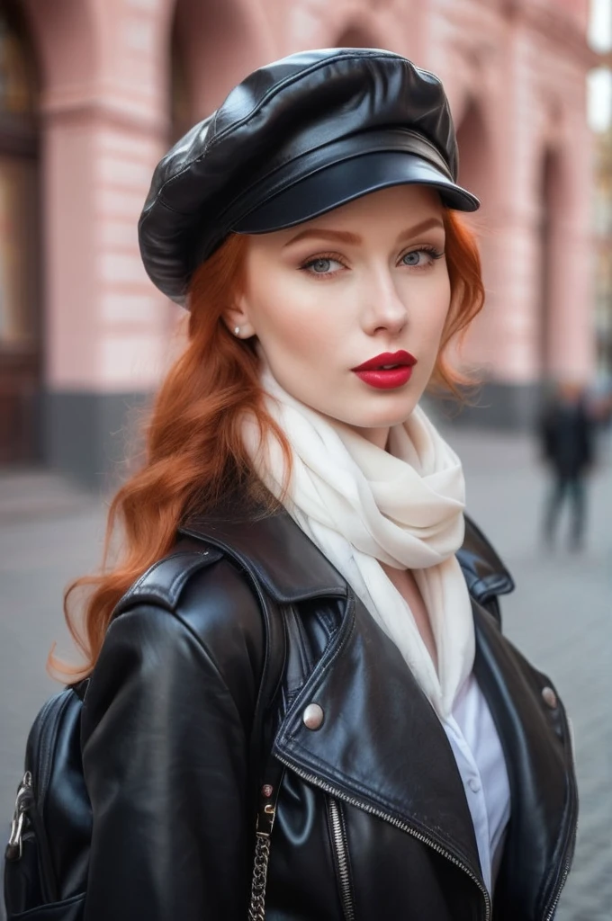 A close-up portrait of a gorgeous, beautiful, stunning russian woman wearing a elegant trendy outfit: a black leather jacket, a white shirt, a black newsboy cap, a beige silk scarf and a leather bacpack. A redhead woman from Russia, delicate red lips, pastel pink skin tone, soft flawless pale skin, elegant make-up, red lipstick. Classy, elegant, sophisticated redhead woman, a majestic lady, dream beauty, ethereal beauty, angelical beauty, delicate, sensitive, tender, lovely, romantic, kind-hearted, feminine and strong, brave, determined woman from Russia. Elegant look, pink style, flowing and glowing wavy ginger hair. She's making a photo book, posing for camera, professional photograph, editorial photograph, portrait photograph of a female russian model.