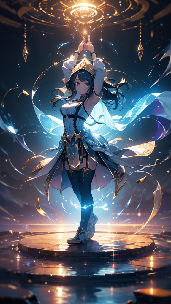 enchantress, highest quality,((highest quality)),((table top)),((perfect face)),become familiar with５Two finger hand,1 girl,(background blur), ((holographic)),1 girl,milky way, (stripes of light), impressive visuals, (dynamic streak, path of light:1.2), bright colors, full body,dynamic pose