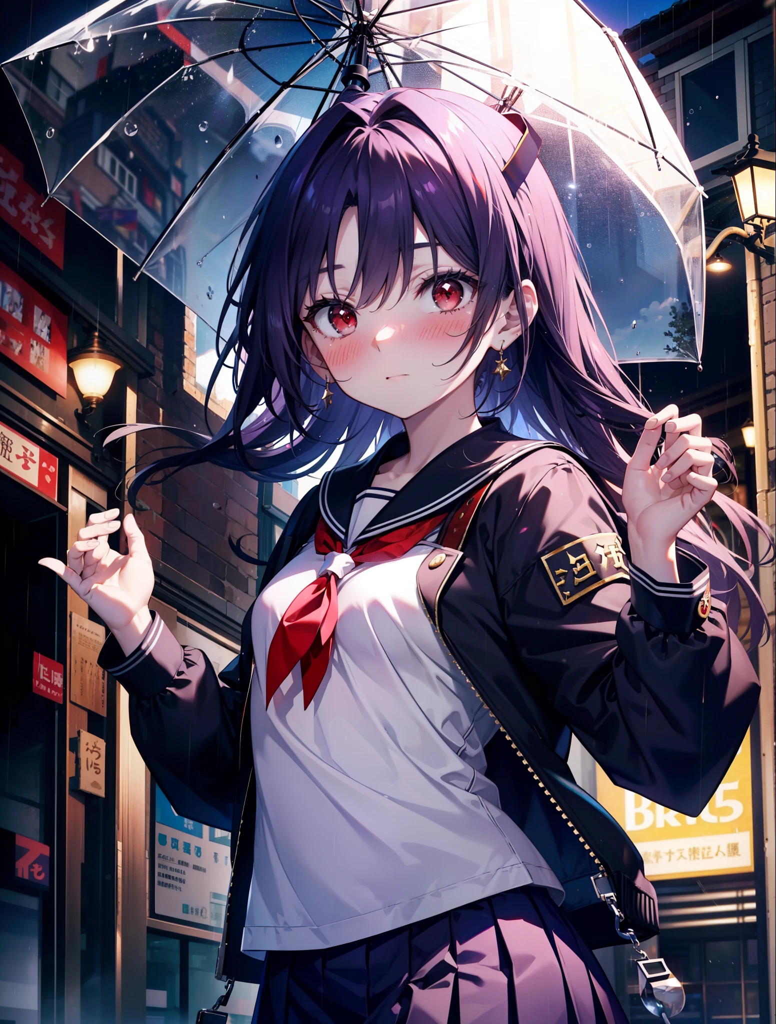 yuukikonno, Yuki Konno, hair band, long hair, pointed ears, purple hair,blush, embarrassing,(red eyes:1.5), (small breasts:1.2),high school girl uniform(Purple sailor suit),Purple pleated skirt,white tights,brown loafers,rain,cloudy,umbrella,Holding the umbrella with both hands,evening,
BREAK looking at viewer, Upper body, full body,
BREAK outdoors, city,building street,
BREAK (masterpiece:1.2), highest quality, High resolution, unity 8k wallpaper, (shape:0.8), (fine and beautiful eyes:1.6), highly detailed face, perfect lighting, Very detailed CG, (perfect hands, perfect anatomy),