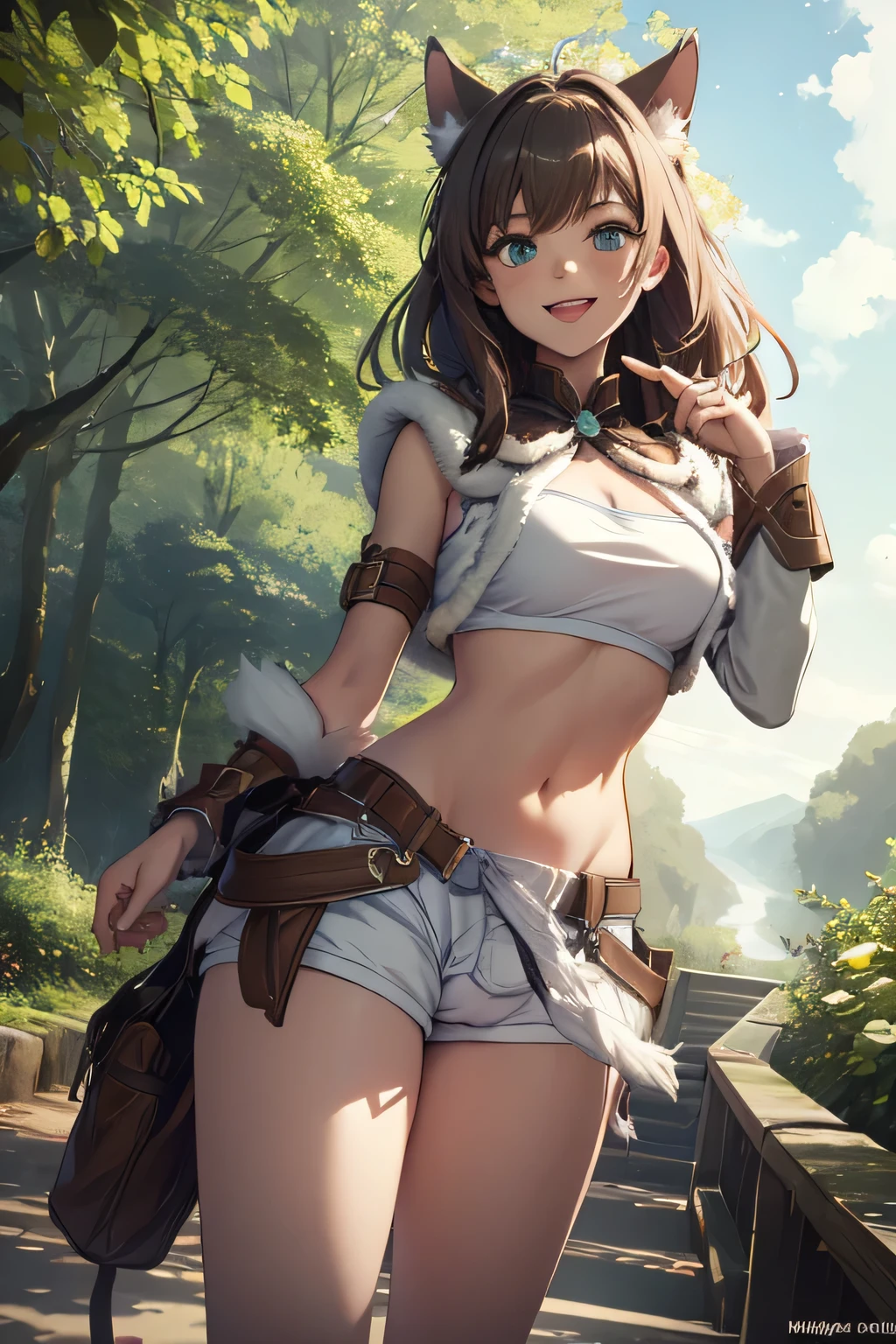 Fantasy setting, forest, spring, Green Eyes, 1 girl, solo, real, top quality, photorealistic, masterpiece, 8K, solo, hd face, soft lighting, ((daytime)), sky, (looking at camera, pointing into the distance), (portrait: 0.6), full-body, (medium hair), brown hair: 1.3, lips, bright smile, Floating hair, smiling wide, open mouth, Cat ears, tail, wild girl, Shorts, Druid girl,eyelashes, beautiful girl, Penis bulge,