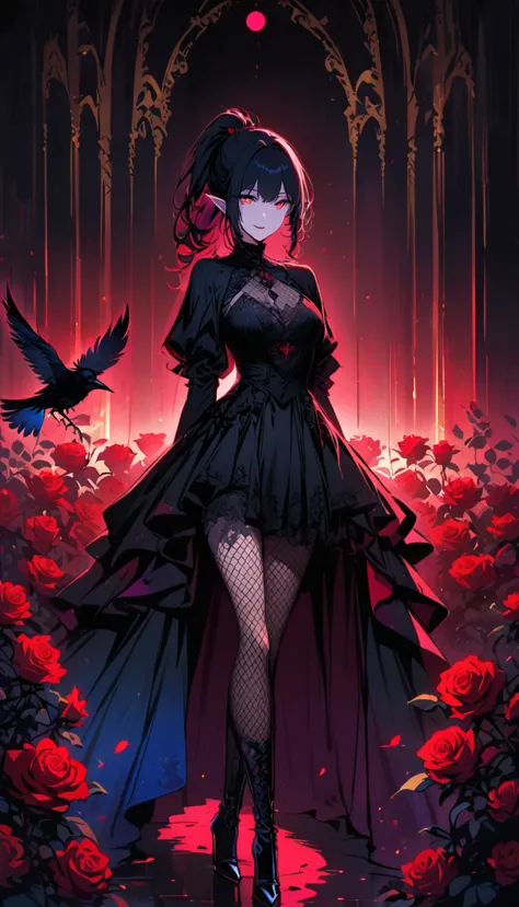 （dark atmosphere，goethe fashion，bright colors），（best quality，super exquisite，），sexy goth elf girl，rose garden at night，beautiful...