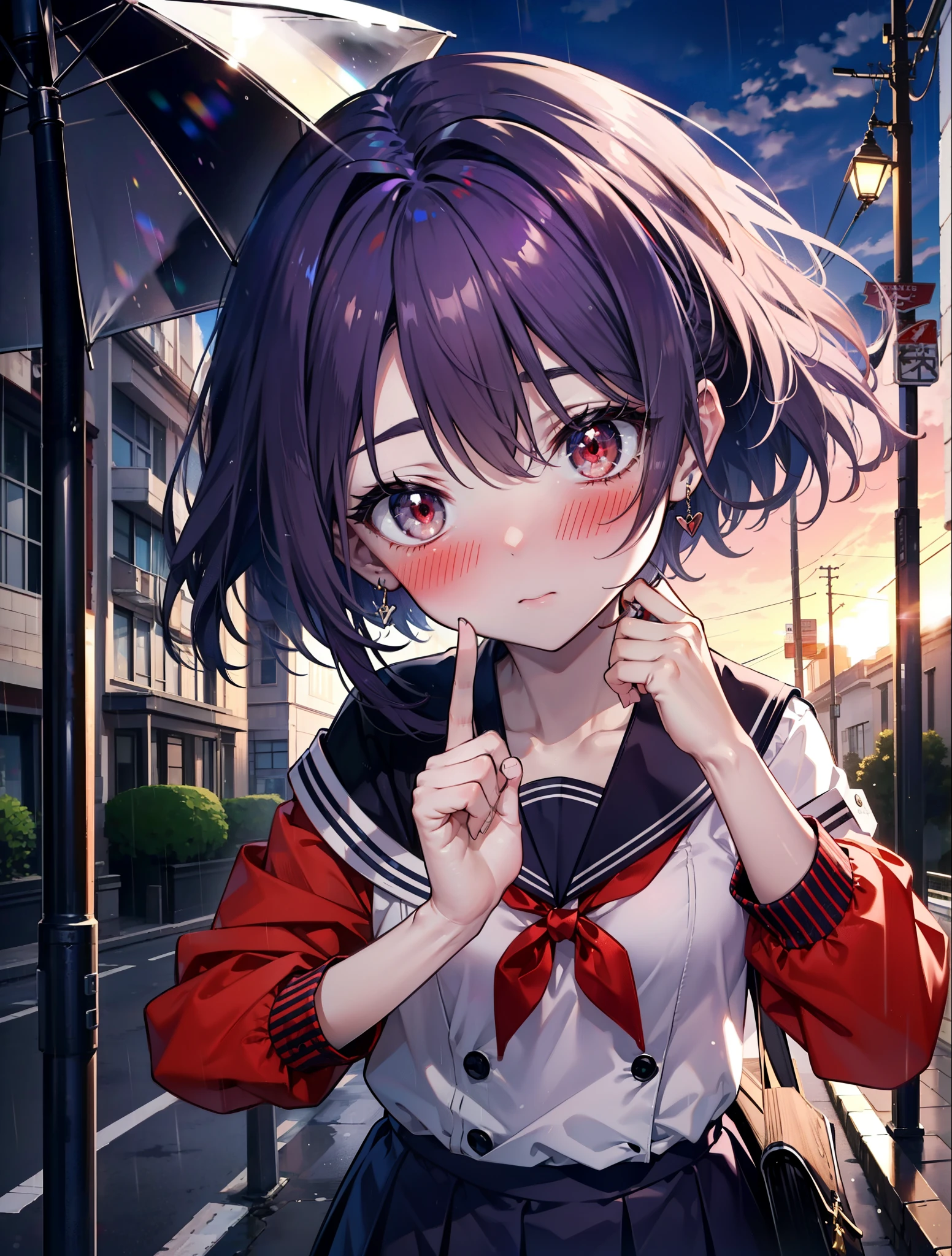 yuukikonno, Yuki Konno, hair band, long hair, pointed ears, purple hair,blush, embarrassing,(red eyes:1.5), (small breasts:1.2),high school girl uniform(Purple sailor suit),Purple pleated skirt,white tights,brown loafers,rain,cloudy,umbrella,Holding the umbrella with both hands,evening,
BREAK looking at viewer, Upper body, full body,
BREAK outdoors, city,building street,
BREAK (masterpiece:1.2), highest quality, High resolution, unity 8k wallpaper, (shape:0.8), (fine and beautiful eyes:1.6), highly detailed face, perfect lighting, Very detailed CG, (perfect hands, perfect anatomy),