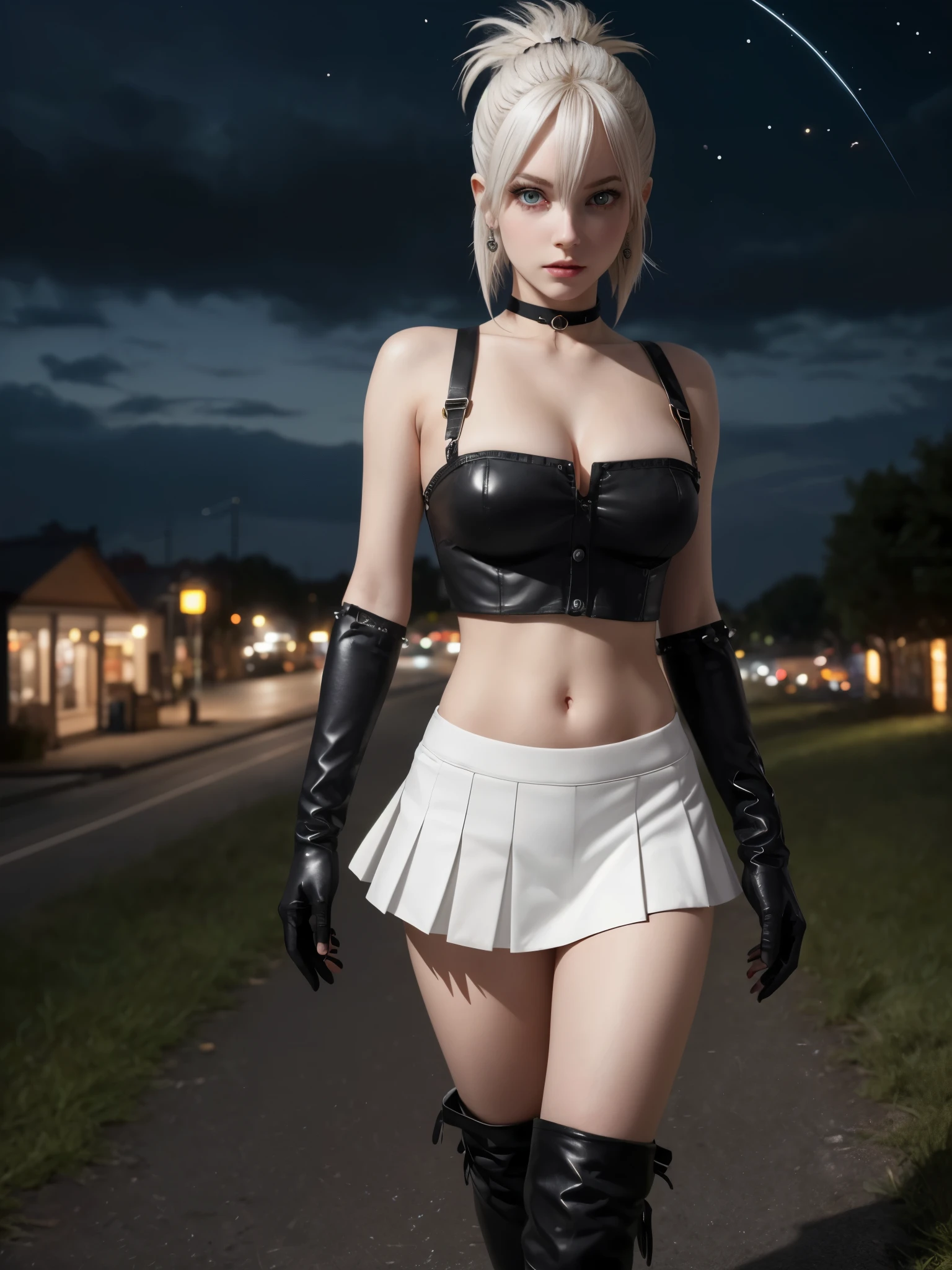 girl wearing a sexy fantasy , BREAK, 1girl, cleavage, pleated skirt, gloves, thick choker, statement earring, pointed ears, high ponytail, flirting alluring pose and gesture, looking at viewer, thigh, walk, Anime Fma Style, anime screenshot, Short and spiky punk hair, White hair, pale skin, red eyes,((Well detailed eyes)), white crop top, black shorts, black boots, Night Landscape, City Landscape, city behind her, fireflies, grass, 8k, Very detailed, extremely detailed, huge breast, 