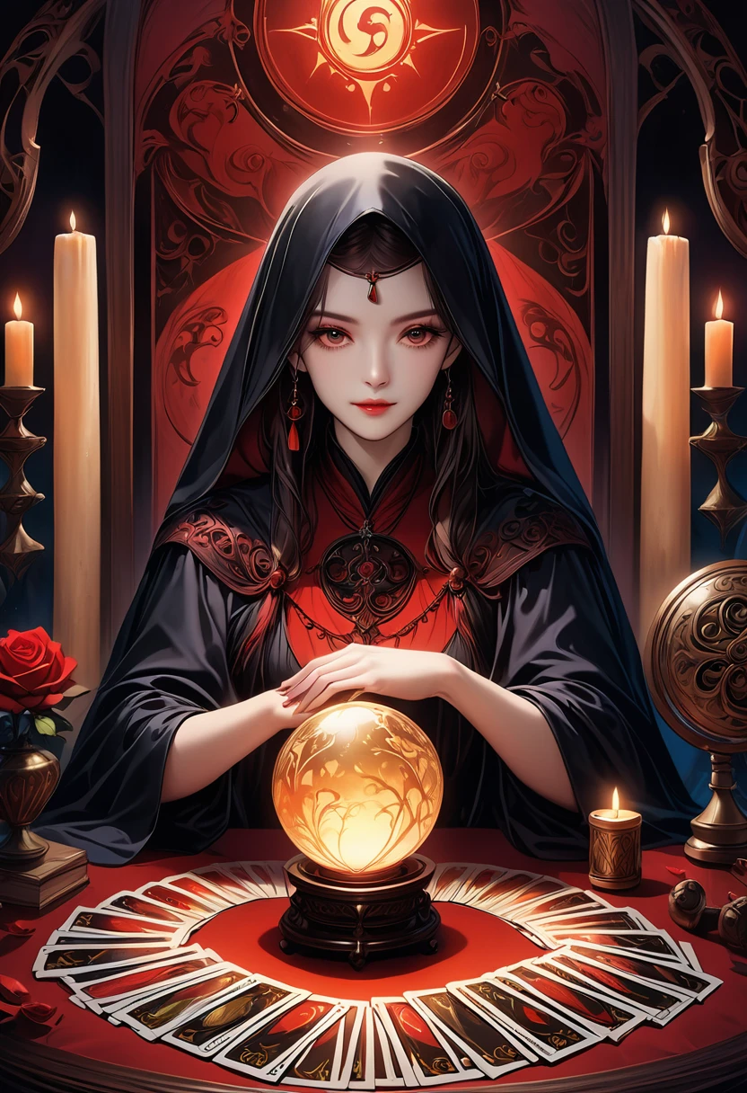 A beautiful and mysterious fortune teller in a compact and intriguing setting. The fortune teller is wearing a cloak, with exquisitely detailed facial features. 

The scene is dimly lit, creating an atmosphere of uncertainty and anticipation. The fortune teller is sitting at a table, which is adorned with tarot cards, a crystal ball, and a deck of tarot cards. The table is surrounded by wax candles, adding to the mysterious ambiance. 

The lighting in the room is dark, casting intriguing shadows that enhance the mystical atmosphere. The fortune teller is holding a tarot card, gazing into its symbols to provide insights into the future. 

The overall artwork should be of the best quality, with a resolution of 4k or 8k. The level of detail should be ultra-detailed and realistic, almost approaching photorealism. 

The artistic style should reflect an official aesthetic, with vivid colors and strong contrasts. The color tones should enhance the mysterious and mystical themes of the artwork. 

The fortune teller's cloak is adorned with an intricate design, featuring metallic borders with a thickness ratio of 1.5. Additionally, there should be decorative rose borders incorporated into the composition. 

The scene should have a magical aura, resembling a night sky filled with stars. The fortune teller's expression should convey a sense of mystery and intrigue.