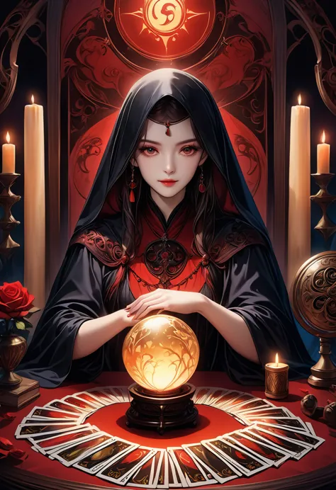 A beautiful and mysterious fortune teller in a compact and intriguing setting. The fortune teller is wearing a cloak, with exqui...