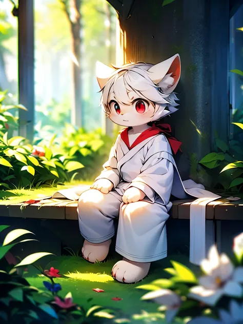 alone，mage，male，adult，white wolf，Light blue and white hair，red eyes，white robe，Gold diamond pattern，White trousers，white plush p...