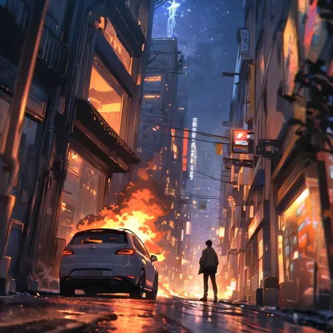 (high quality) solo, shirt, black hair, 1boy, stand, jacket, scenery, car behind, building, night, (depth of field), chaotic bur...