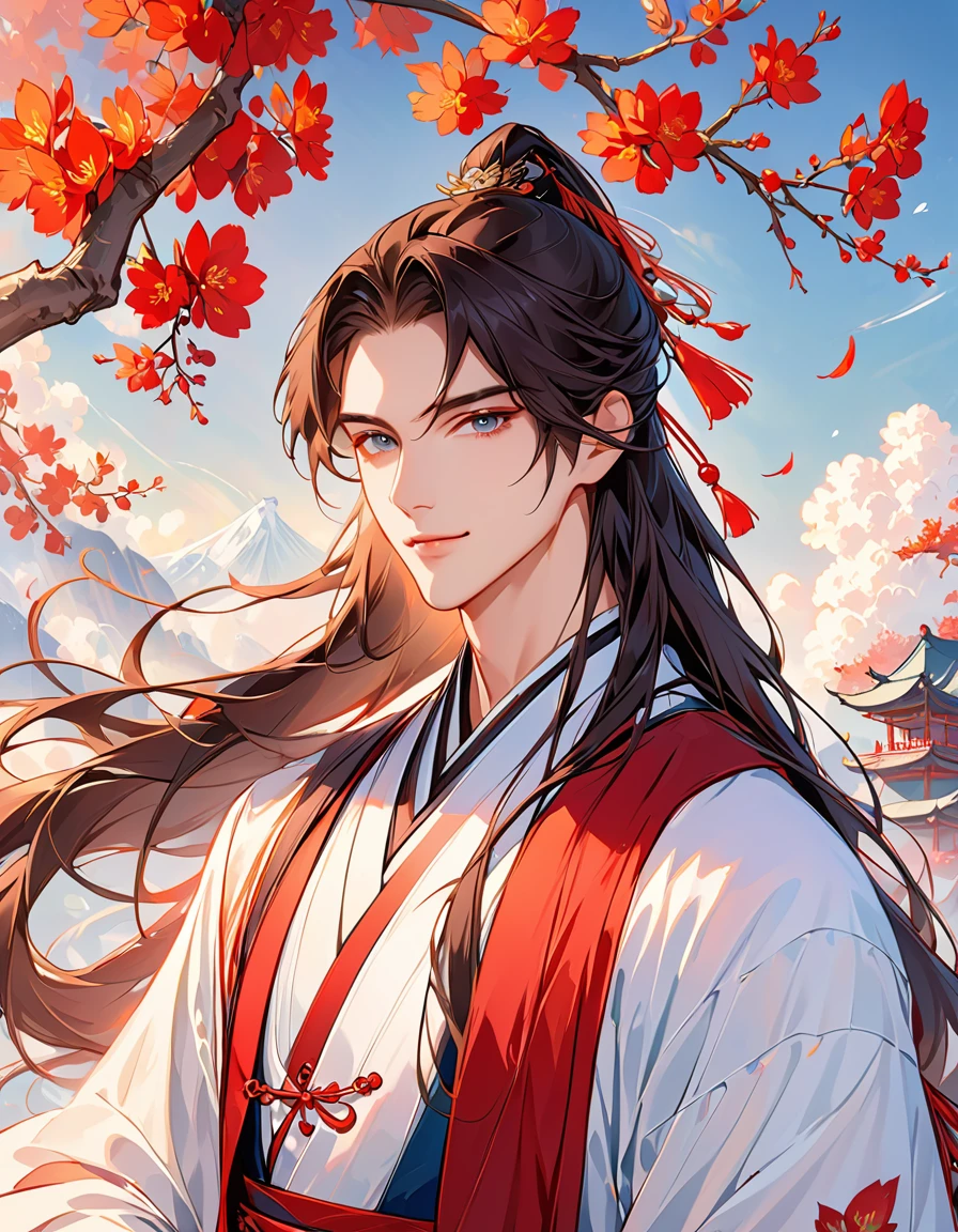 A stunning avatar of an anime male with long hair, Hanfu, Chinese style background, Exquisite facial features, Handsome and majestic, Brilliant colors, red theme, High resolution, Perfect details.