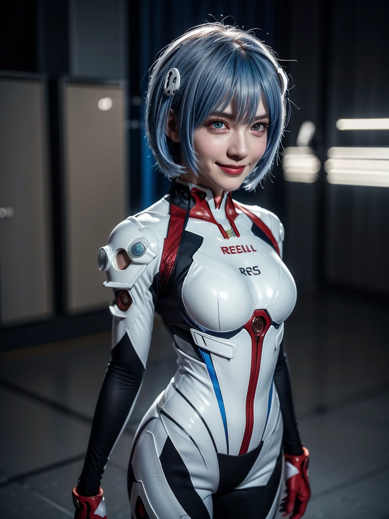 Masterpiece, highest quality, 8K, detailed skin texture, fine cloth texture, beautiful detailed face, intricate details, super detailed, portrait of Rei Ayanami, blue hair, red eyes, looking far away, no background, Evangelion Wearing a plug suit when riding, plug suit, whole body visible, standing, arms crossed, 15 years old, beautiful, cute, great style, smiling