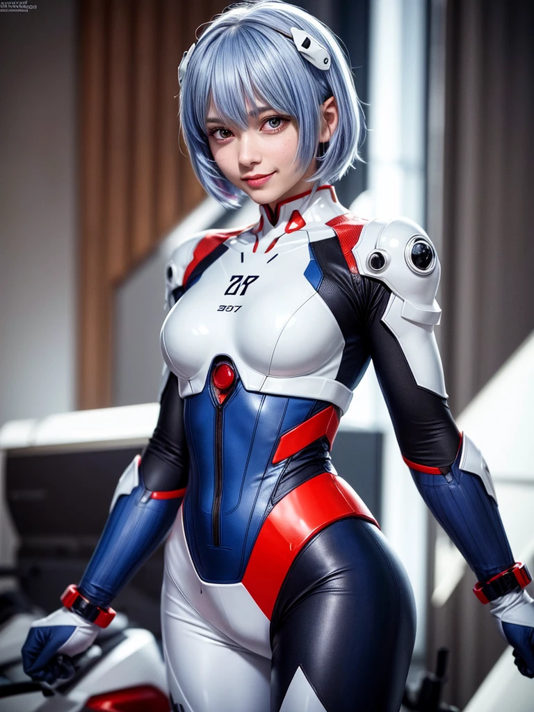 Masterpiece, highest quality, 8K, detailed skin texture, fine cloth texture, beautiful detailed face, intricate details, super detailed, portrait of Rei Ayanami, blue hair, red eyes, looking far away, no background, Evangelion Wearing a plug suit when riding, plug suit, whole body visible, standing, arms crossed, , beautiful, cute, great style, smiling