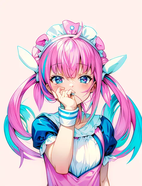 Anime girl with pink hair, blue dress and white top, Anime girl wearing a maid costume, pink twintail hair and cyan eyes, anime ...
