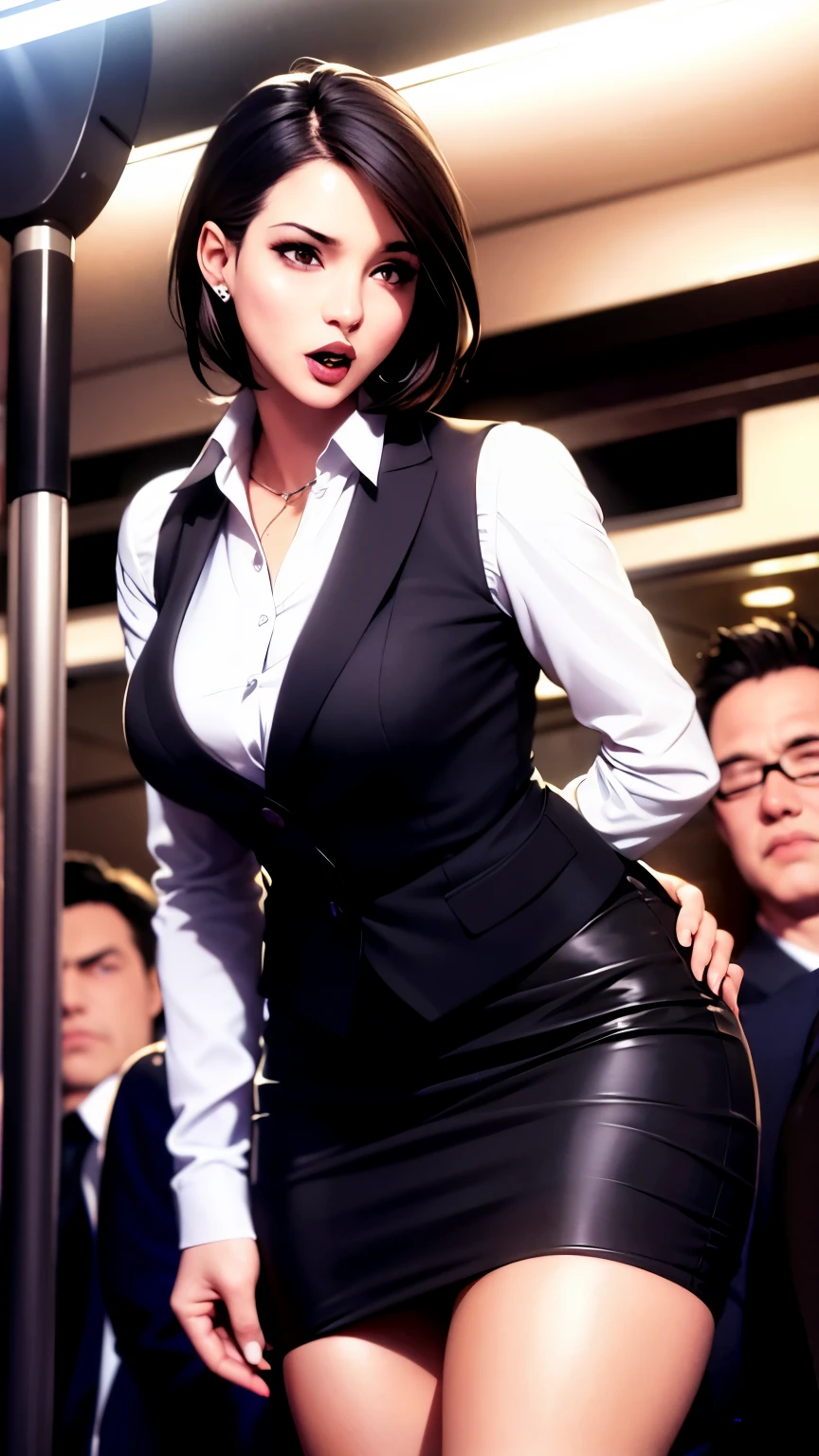 검은 양복을 입고 아래에 흰색 셔츠를 입고 검은색 힙 스커트를 입은 날씬한 여성이 붐비는 지하철 차량 안에 서 있습니다., 머리를 45도 각도로 앞으로 기울이고 입을 살짝 벌린 채 위를 올려다본다..