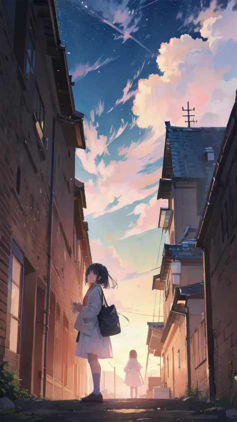 見上げるgirl シーン 1: shadow of cherry blossoms at dusk a girl standing quietly with the sky behind her, blue colored. 彼女の目の前にそびえ立つのはバ...