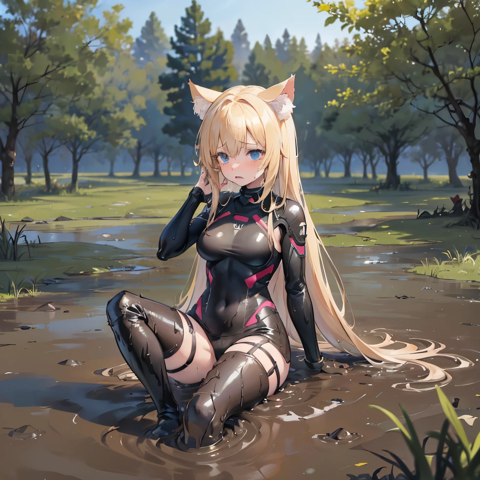 （best quality)，（detailed), (a girl），Struggling in the muddy swamp, Legs stuck in the mud, Covered with mud, With an expression of despair，crying，A cat&#39;s tail，Cat ears on top of head，black bootedium breasts，Future combat suit