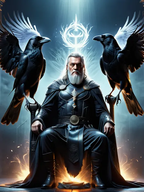 norse mythology, Odin, King of the Gods, sit on the throne, (Two crows perched on either side of him:1.6), Raven Focus, Dark moo...