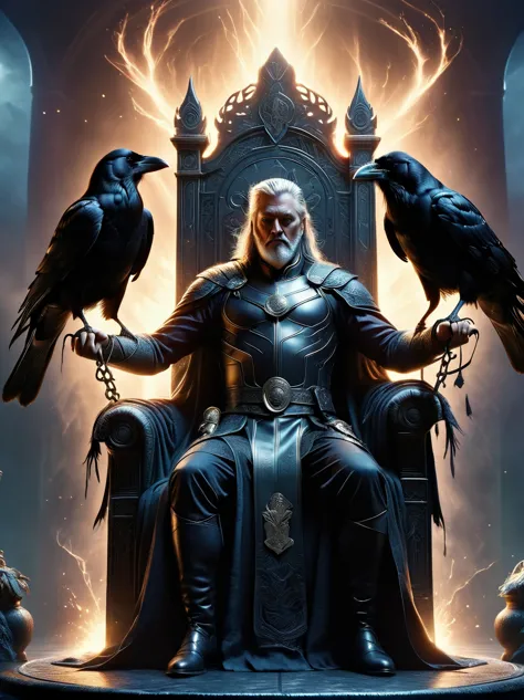 norse mythology, Odin, King of the Gods, sit on the throne, (Two crows perched on either side of him:1.6), Raven Focus, Dark moo...