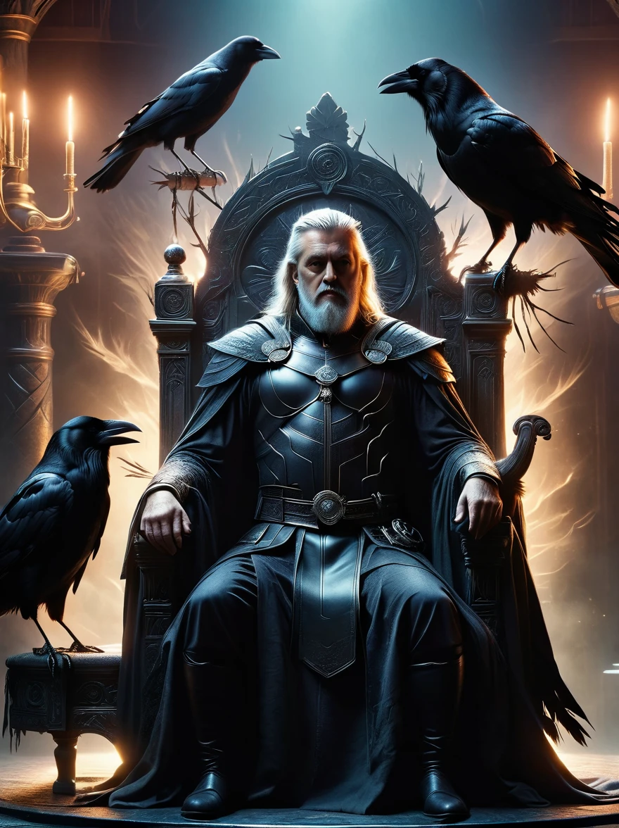 norse mythology, Odin, King of the Gods, sit on the throne, (Two crows perched on either side of him:1.6), Raven Focus, Dark moody Nordic style vibe, Super detailed, dramatic lighting, Dark fantasy, muted color palette, atmosphere, light and dark, Movie, high resolution, best quality, masterpiece, 8k