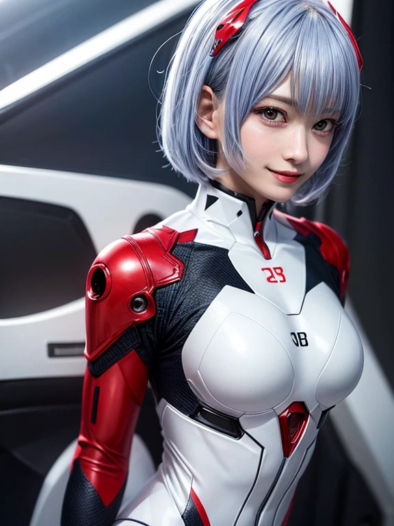 Masterpiece, highest quality, 8K, detailed skin texture, fine cloth texture, beautiful detailed face, intricate details, super detailed, portrait of Rei Ayanami, blue hair, red eyes, looking far away, no background, Evangelion Wearing a plug suit when riding, plug suit, whole body visible, standing, arms crossed, 15 years old, beautiful, cute, great style, smiling