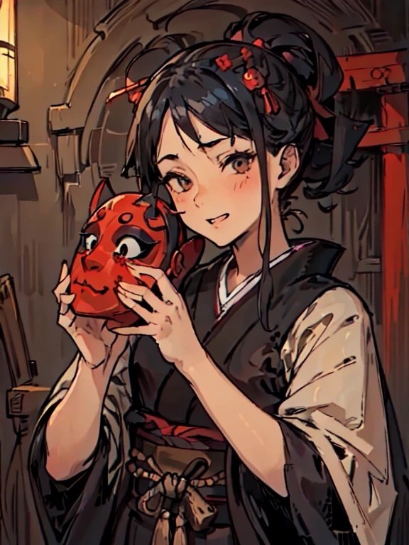 High school girl wearing a Japanese mask, ((wearing a Noh mask, Wearing Noh mask, kabuki mask, wearing a wooden mask, classical japanese art,))