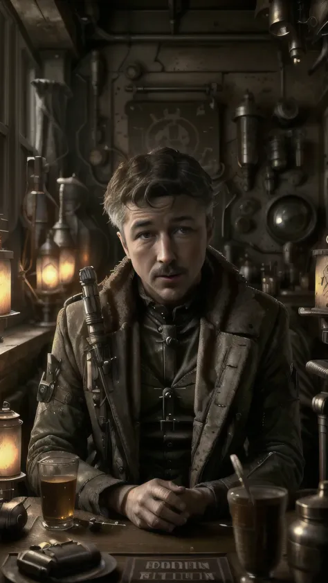 dieselpunkai, ((aidan gillen)) as petyr baelish, dieselpunk pimp, sitting in front of dieselpunk table, in a dieselpunk bedroom,...