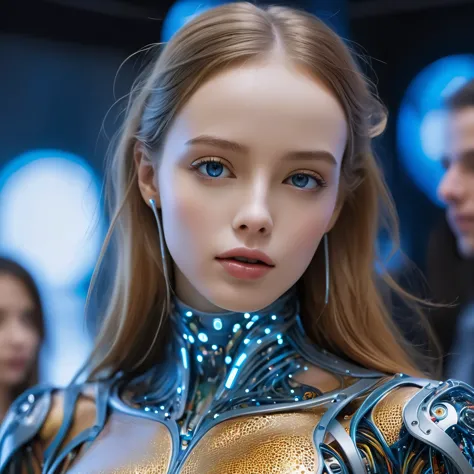 an exhibition showcasing ai-equipped autonomous female androids exhibiting various sex positions, adorned with a beautiful face ...