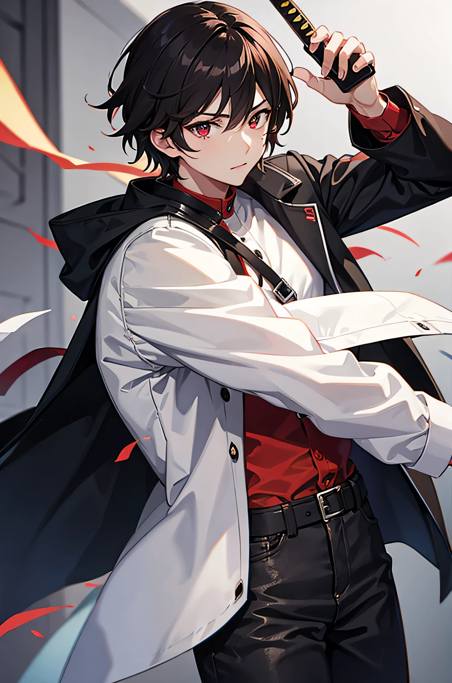 Handsome guy、male、red eyes、holding a sword、In the middle of a modern downtown area、The sword is stained red and black.、brown short hair、Black denim jacket、white hoodie、Black wide denim、positive、