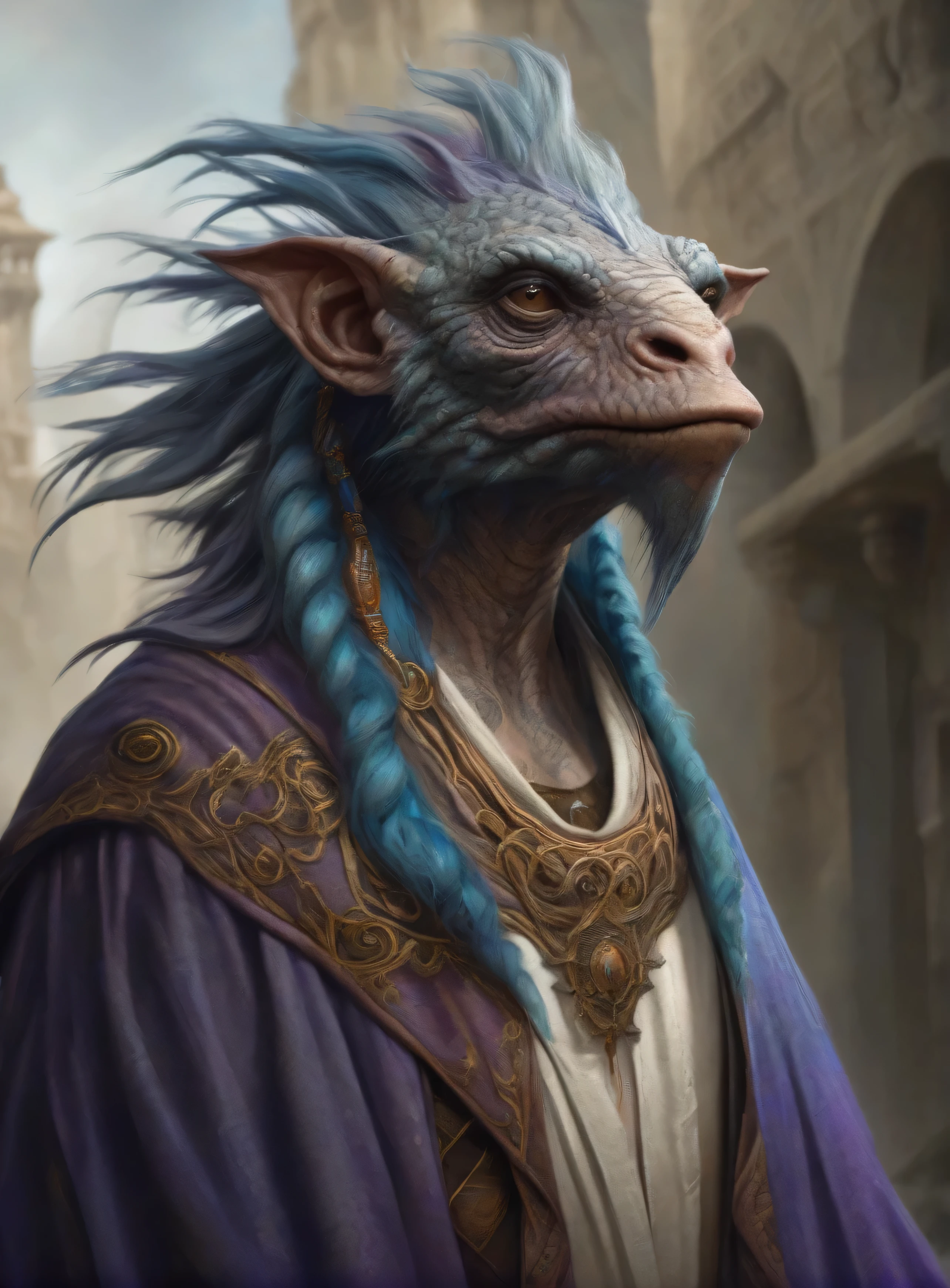 Cinematic close-up, strong posture, intimidating expression, A fantastical creature that combines the best qualities of humans, animal, and mythological features, wearing shabby robes, Worn Mage Costume, A ragged scarf flutters around my neck,