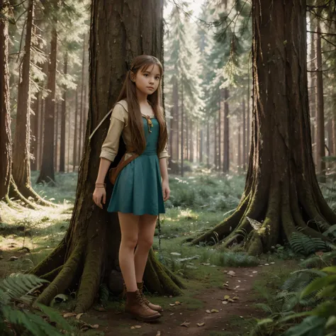 Illustration for a fairy tale about a girl, standing in the forest, who can talk to animals