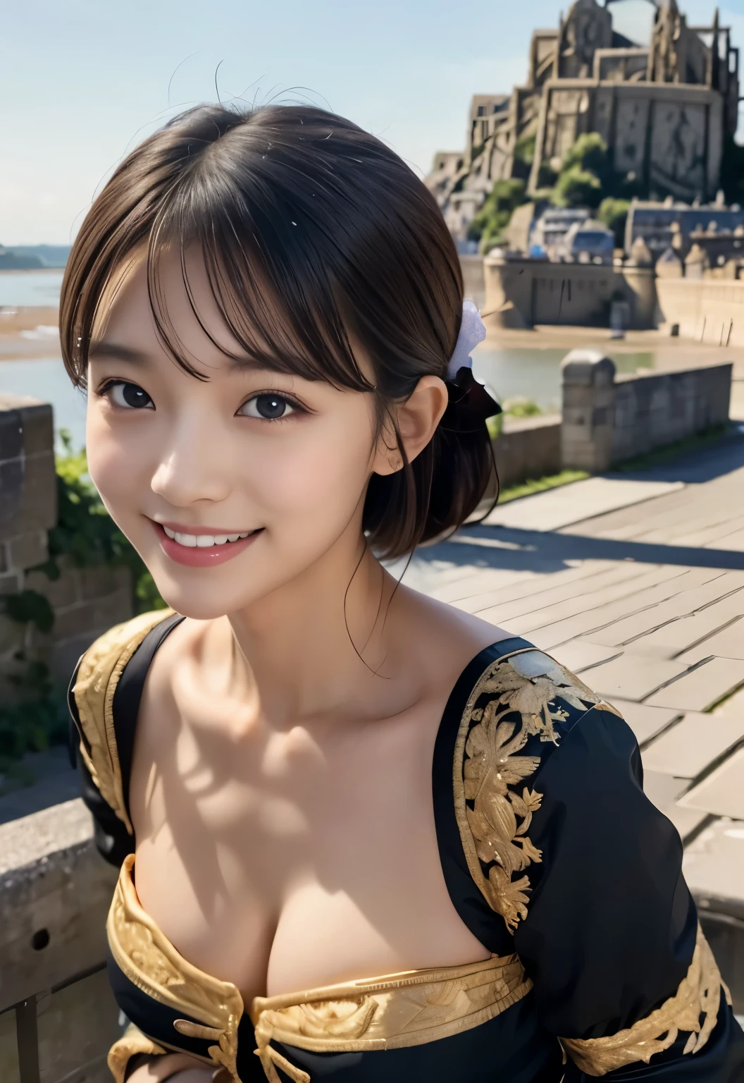(masterpiece, best quality:1.1), (8k, raw photo, photo realistic:1.2, f22), (shiny skin), detailed skin, detailed face, detailed eyes, smile,BREAK, real world, intricate details, smil, BREAK, 1girl, (Traditional France Costumes, France Costumes), BREAK, (Mont Saint-Michel:1.4),