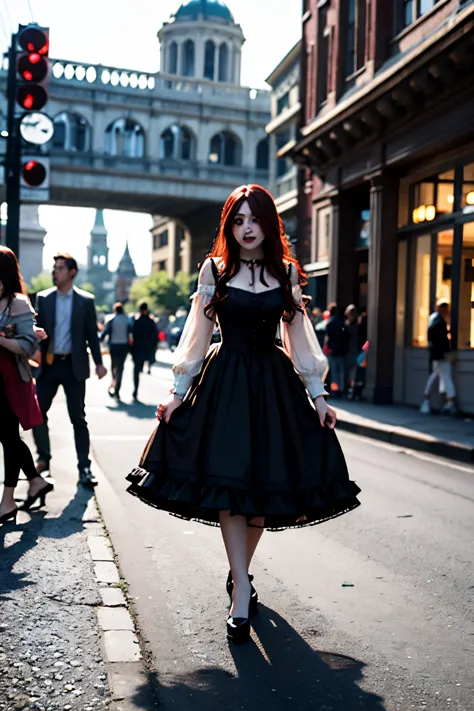 Young and beautiful woman, blood-colored red hair, shaded like charcoal, Rococo Gothic style clothes, lolita with makeup, scener...