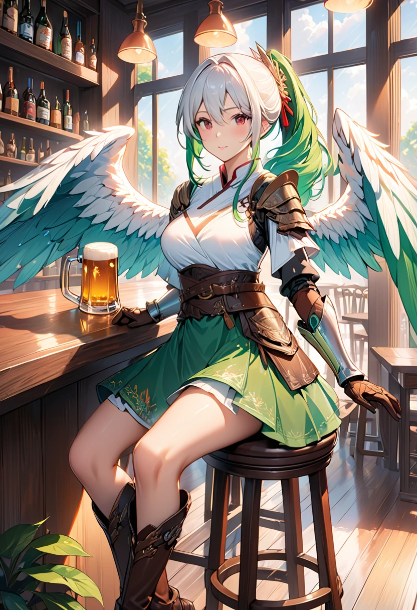 FF,(masterpiece:1.2),best quality,highres,extremely detailed CG,perfect lighting,8k wallpaper,anime,comic,game CG,1girl,solo,wings,stool,bar (place),armor,cup,green hair,sitting,indoors,long hair,gloves,bottle,gauntlets,mug,feathered wings,alcohol,white hair,hair ornament,gradient hair,boots,bar stool,looking at viewer,multicolored hair,breasts,red eyes,brown gloves,green skirt,belt,closed mouth,counter,holding cup,skirt,beer mug,