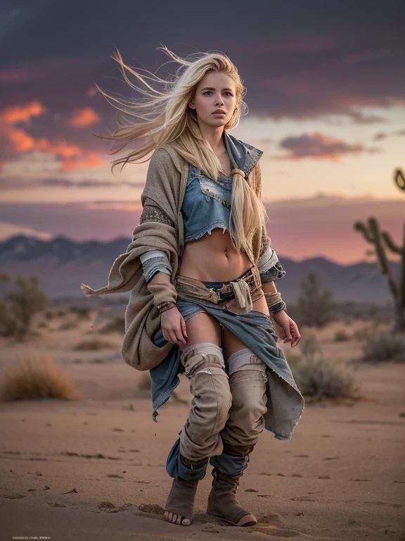 PLEASE fix image, Masterpiece, Transitioning to a desert landscape at sunset, a lone figure, a beautiful 20 years old American girl emerges wearing beautiful warm nomadic clothes, white skin, blonde hair, blue-grey eyes, freckles on face, slim running body, small breasts, very detailed face, ultra realistic face, very beautiful face, post-apocalyptic clothing. Layers of tattered fabric, unconventional accessories, and a weathered look create an aura of survival and resilience, 16K, ultra high res.photorealistic, UHD, RAW, DSLR