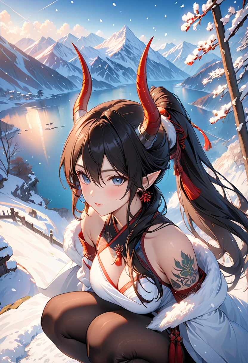 FF,(masterpiece:1.2),best quality,highres,extremely detailed CG,perfect lighting,8k wallpaper,anime,comic,game CG,1girl,solo,horns,pointy ears,black hair,long hair,breasts,jewelry,cleavage,snow,hair between eyes,earrings,squatting,tattoo,looking at viewer,pantyhose,snowing,bare shoulders,outdoors,gloves,closed mouth,arm tattoo,