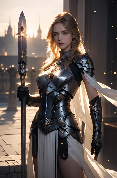 ((Super realistic photo)) ((super realistic photography)), (realistic) "Young paladin (17 years old) wielding a sword imbued with radiant light, emanating potent light magic. The scene is set in a dark and mysterious cityscape, illuminated by the glow of t...