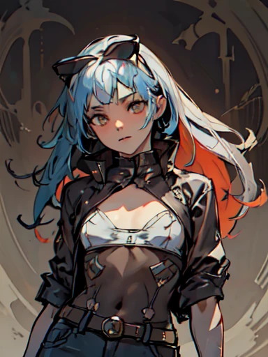 highest quality, High resolution,（White fur coat and denim pants）, colorful, （cyberpunk style）, High contrast and highly detailed, Horror Concept Art, circus, crazy illustration, flat illustration、small eyes、small breasts, Mr.々colored hair, realistic, masterpiece, super detailed, 8K, epic realistic, beautiful
