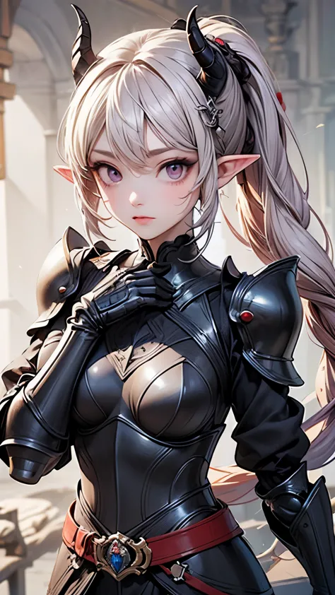 (Masterpiece, best quality), detailed, (medieval royal demonic fullplate heavy armor), athletic, busty, demon, demon girl, detai...