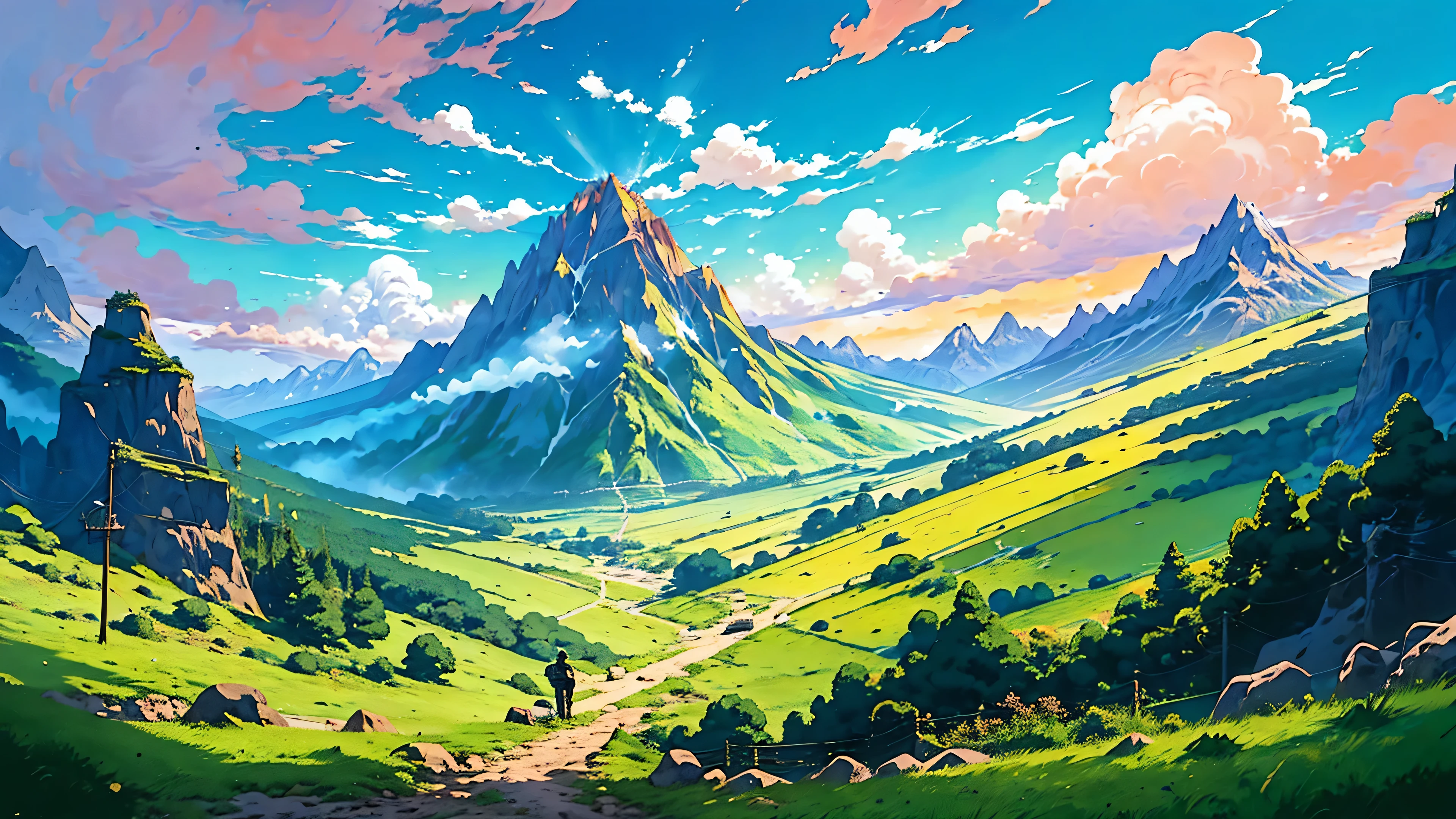 il y a un homme qui fait du vélo sur une route avec une montagne en arrière-plan, paysage de campagne animé, belle scène d&#39;anime, paysage animé, beautiful paysage animé, Illustration officielle de l&#39;anime, anime belle scène de paix, Art de fond d’anime, Paysage détaillé — largeur 672, par Kobayashi Kiyochika, Par Yoshihiko Wada, paysage animé concept art, paysage animé