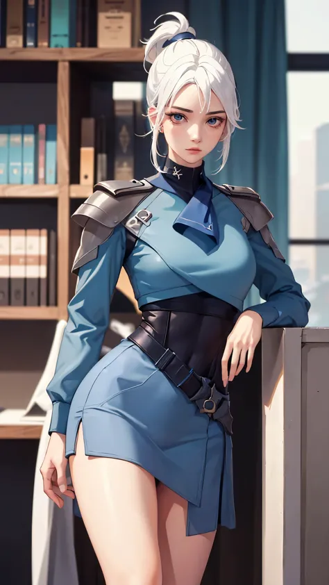 ((valorant jett)) ( its a girl with white hair from the game Valorant ) in office clothes. high quality, ultra detailed, masterp...