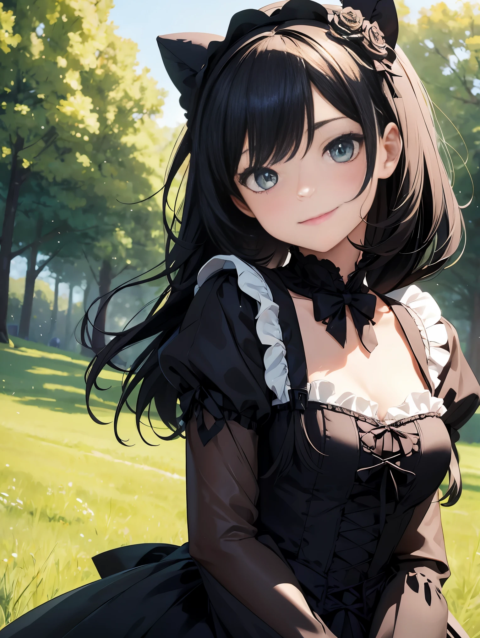 top-quality、​8K Masterpiece、Draw the face in detail、1 childish girl、Gothic Lolita costume、kawaii pose、professional lighting、Happy expression、Shiny black hair、perfect anatomy、In a green meadow