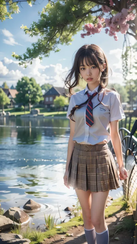Lakeside park with sunlight shining through the trees, (school uniform, shirt, skirt),  japanese girl, , skinny body, flat chest...