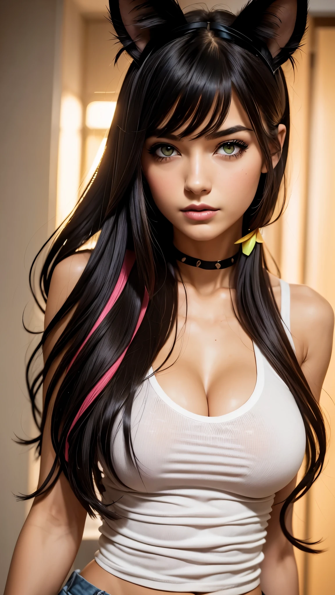 1girl, animal_ear_fluff, animal_ears, bangs, bare_shoulders, black_hair, blush, breasts, cat_ears, closed_mouth, eyebrows_visible_through_hair, green_eyes, grey_background, hair_between_eyes, karyl_(princess_connect!), long_hair, looking_at_viewer, medium_breasts, multicolored_hair, shirt, simple_background, sleeveless, sleeveless_shirt, solo, upper_body, white_background, white_shirt, 